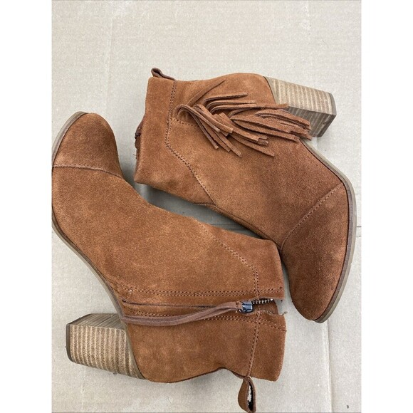 Tom’s Lunata Cognac(rust)‎ Fringe Block Heel Suede Booties 9.5 Women's - Picture 1 of 8